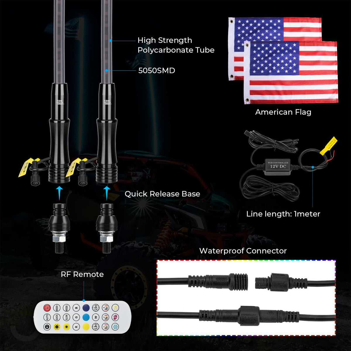 2pcs 4FT Black Limited LED Whip Light with RF Remote Control