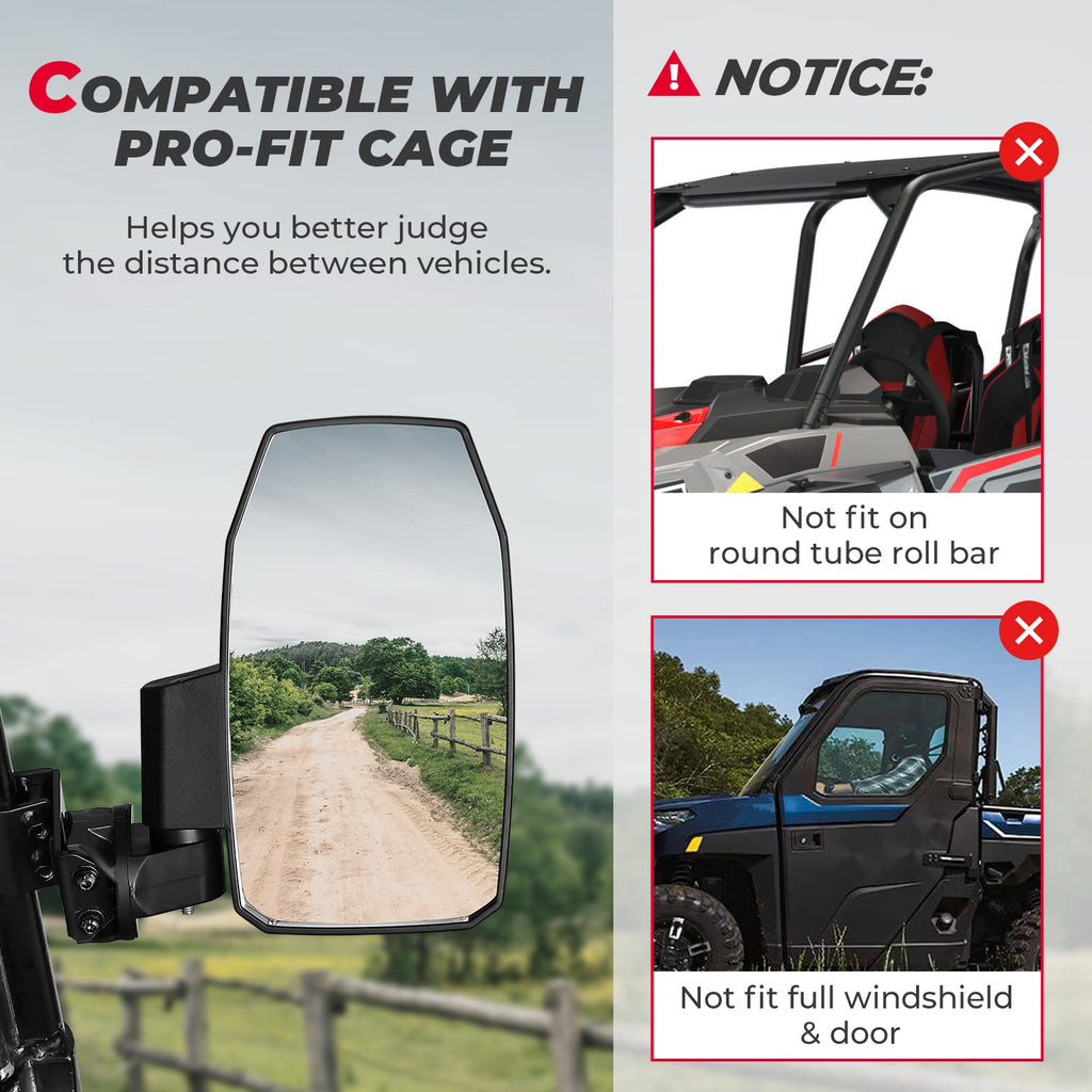 Wider UTV Side Mirrors Pro-Fit for Polaris Ranger XP/ General/ Defender (1 pair)