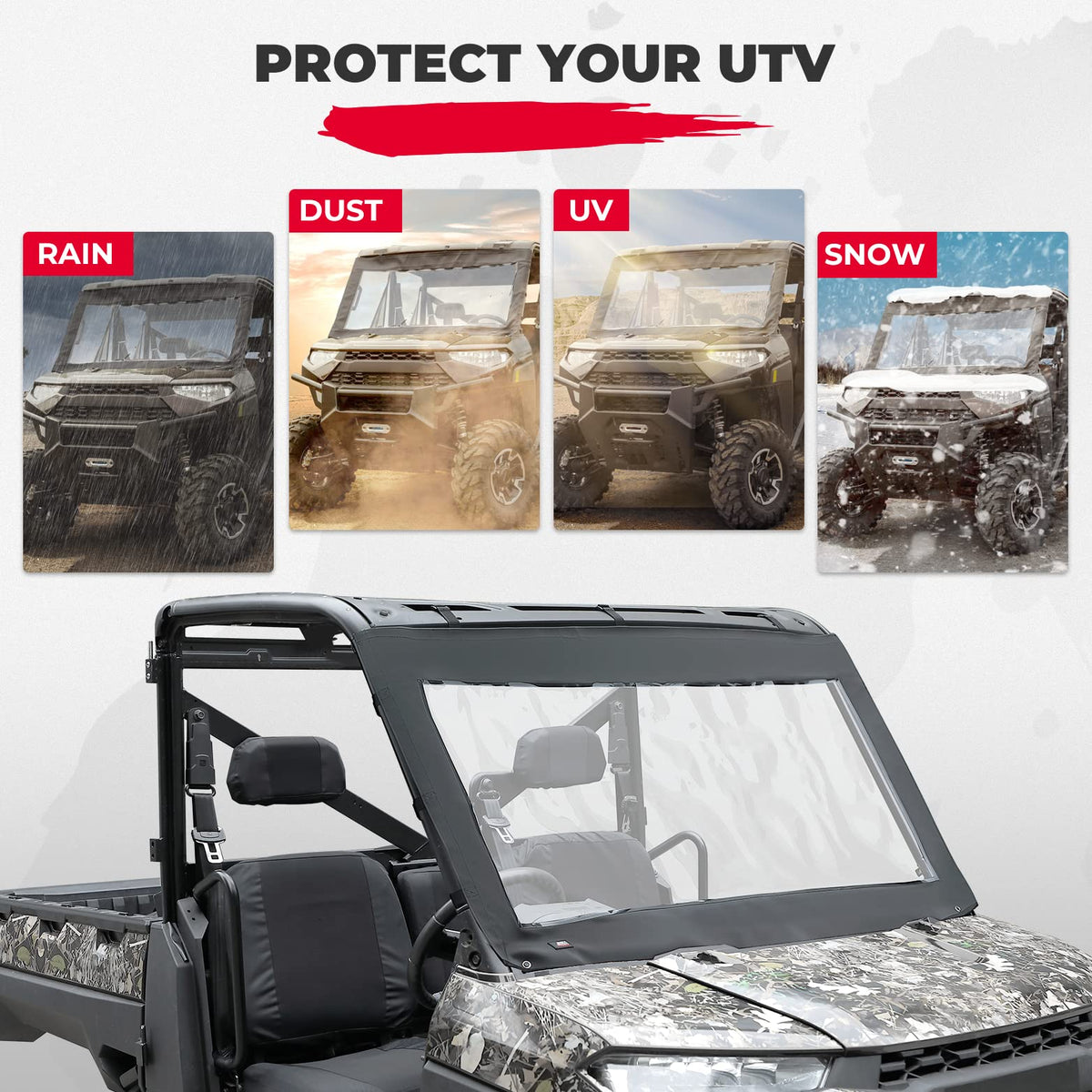 Soft Front Windshield, PVC Waterproof Panel for Ranger XP 1000 / Crew 2017-2024 – fits Polaris Ranger Crew XP 1000 (view 7)