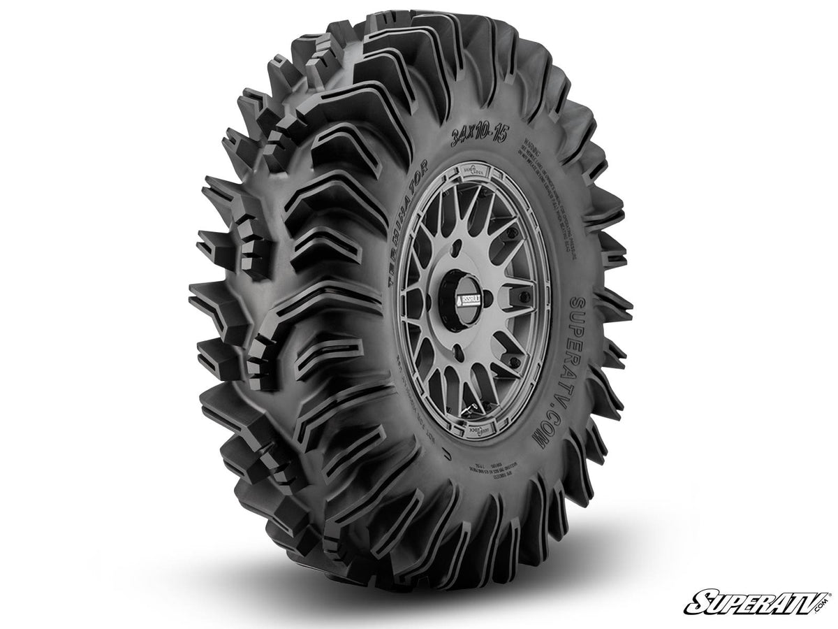 Intimidator Tires 34x10x15 on 15" Matte Titanium Hellfire Wheels 4/136 Pattern
